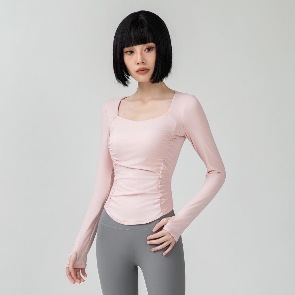 New Yoga Long Sleeve Slimming Fitness Top with Pleated Waist & Built-in Bra