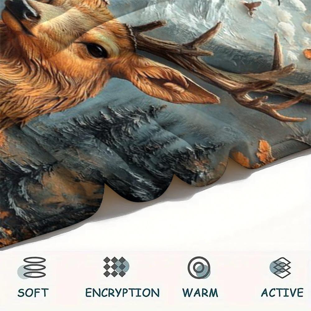 1Pc Vintage Deer Art Print Flannel Blanket, High Quality Comfortable for All Seasons, Home Decor, Warmth and Comfort, Perfect for Gifts