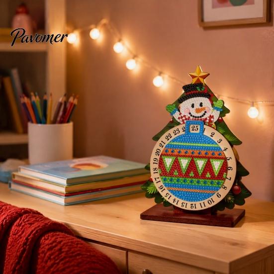 Holiday Countdown Activity Christmas DIY Rhinestone Painting Calendar, 25 Days Rotating Table Decor Tree Advent Wooden Tabletop Ornament for