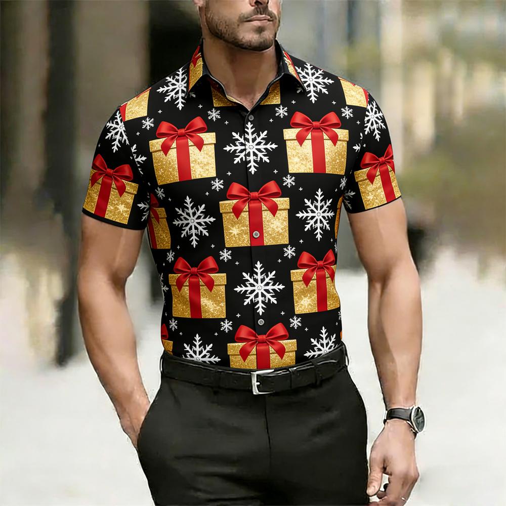 Men's New Short-sleeved Linen Christmas Bell Gift Box 3D Printed Shirt Hawaiian Casual Shirt Outdoor Party Clothes Men for You