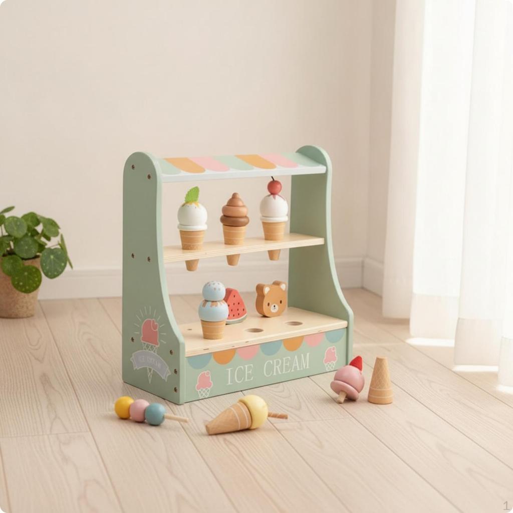 Ice Cream Display Stand Tabletop Toy Shop Pretend Wooden Treats Set for Kids,