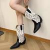 Yi Mengling's Same Western Cowboy Boots Women's Thick Heel Embroidery Thin Medium Tube Boots Versatile Color Matching Pointed Knight Boots Tide