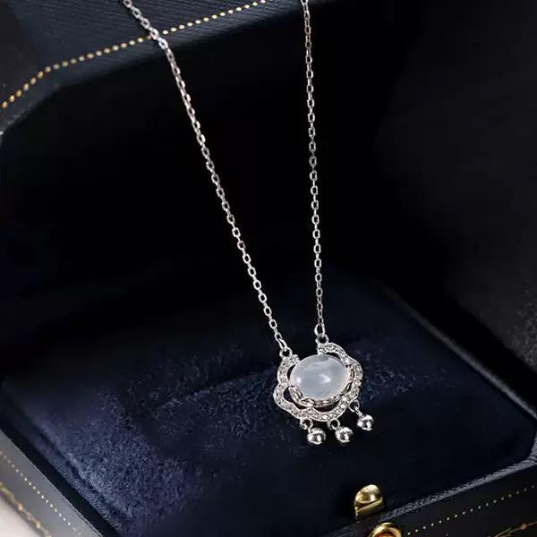 S925 Auspicious Clouds Ruyi Peace Lock Necklace - Ethnic Style Women's White Chalcedony Clavicle Chain