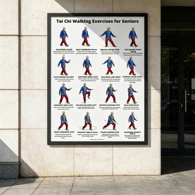 Poster de Treino de Tai Chi na Cadeira Sem Moldura Poster de Rotina de Tai Chi Instruções Visuais Claras Tabela de Exercícios Sentados para Idosos Iniciantes Cadeira Suave