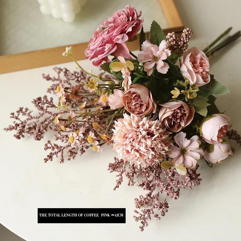 Розы с обожженным краем, ромашки, искусственные букеты, изделия из искусственных цветов, винтажные украшения для домашнего стола, свадебные букеты из сухоцветов