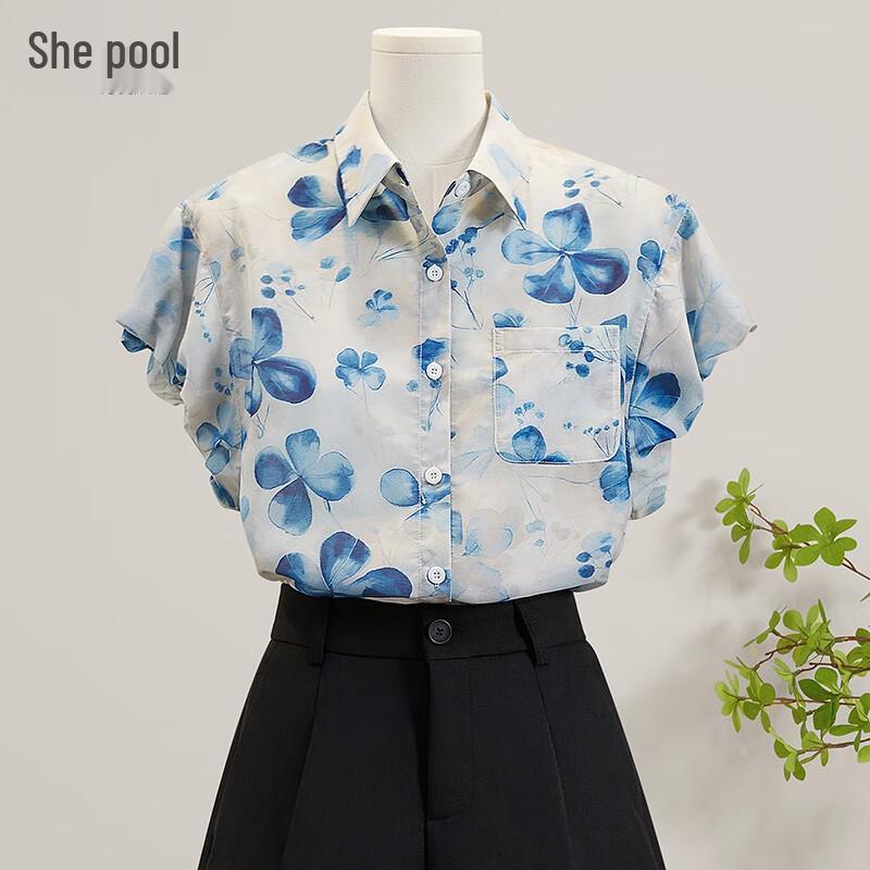 Tachi Women s French Style Printed Puff Sleeve Short Shirt L