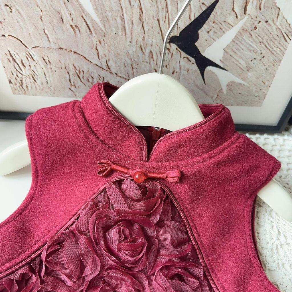 New Winter Rose Cheongsam Hanfu Sleeveless Dress for Baby Girls - Style AWB005