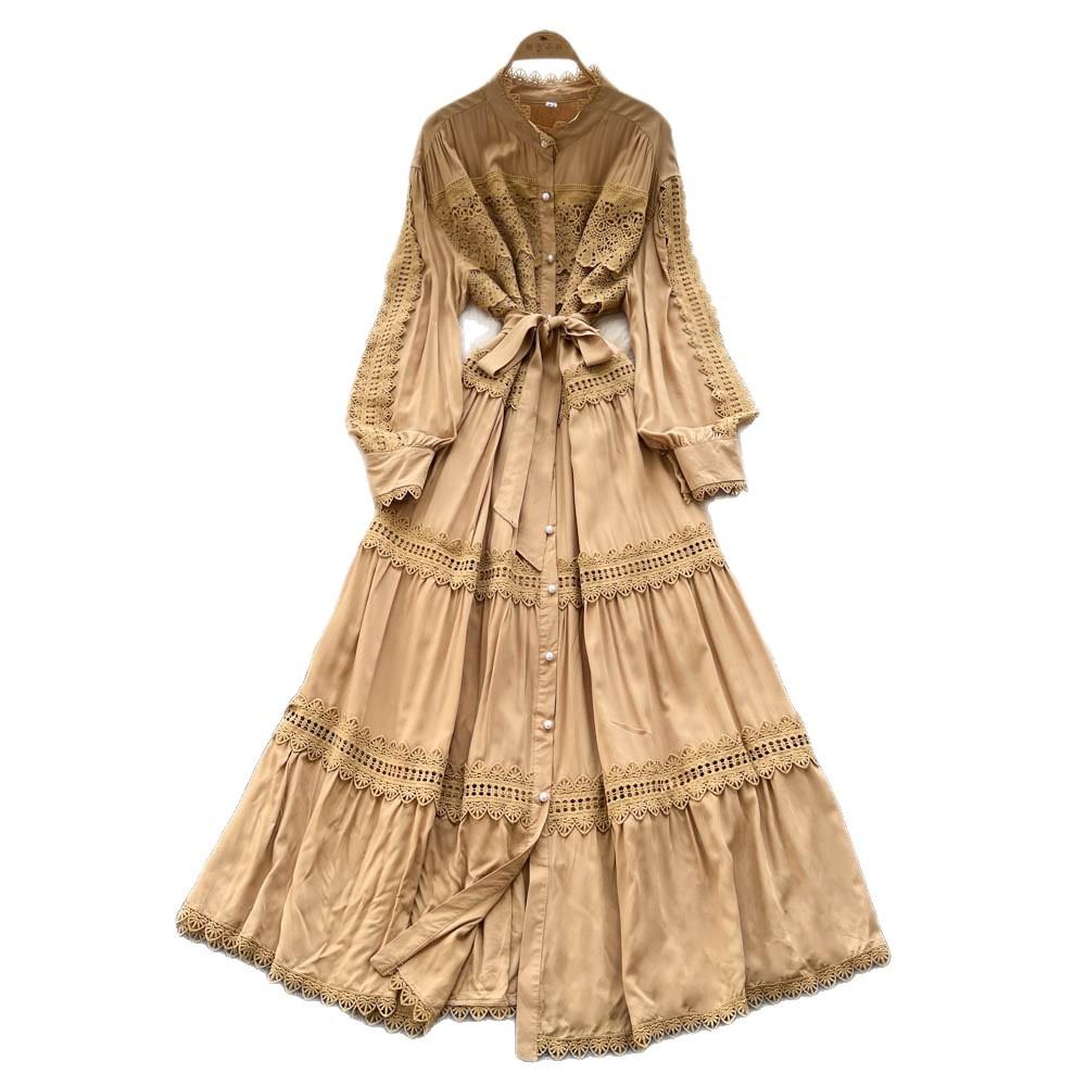 Retro court style lantern sleeve dress women's summer hollow crochet single-breasted light mature temperament royal sister long skirt