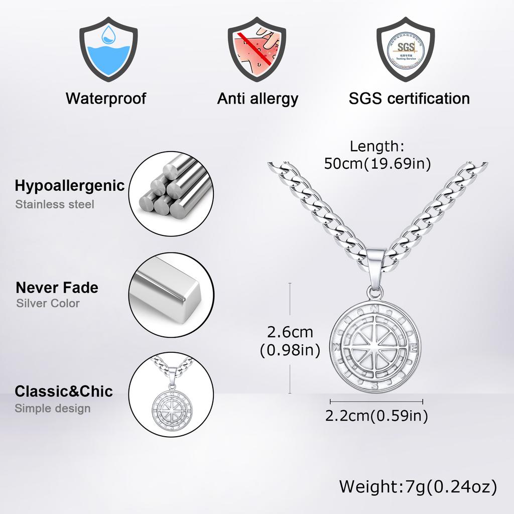 Vnox Kompass Anhänger Halskette für Männer Jungen, Edelstahl Schwarz Gold Silber Farbe Runde Münze Halskette, Punk Schmuck Geschenke