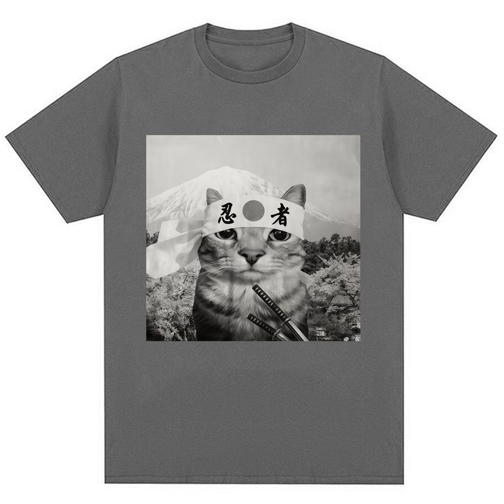 Funny Japanese Samurai Cat Meme Graphic T Shirt Unisex Women Fashion Vintage Humor Short Sleeve Oversized Cotton Casual Tee Shirts