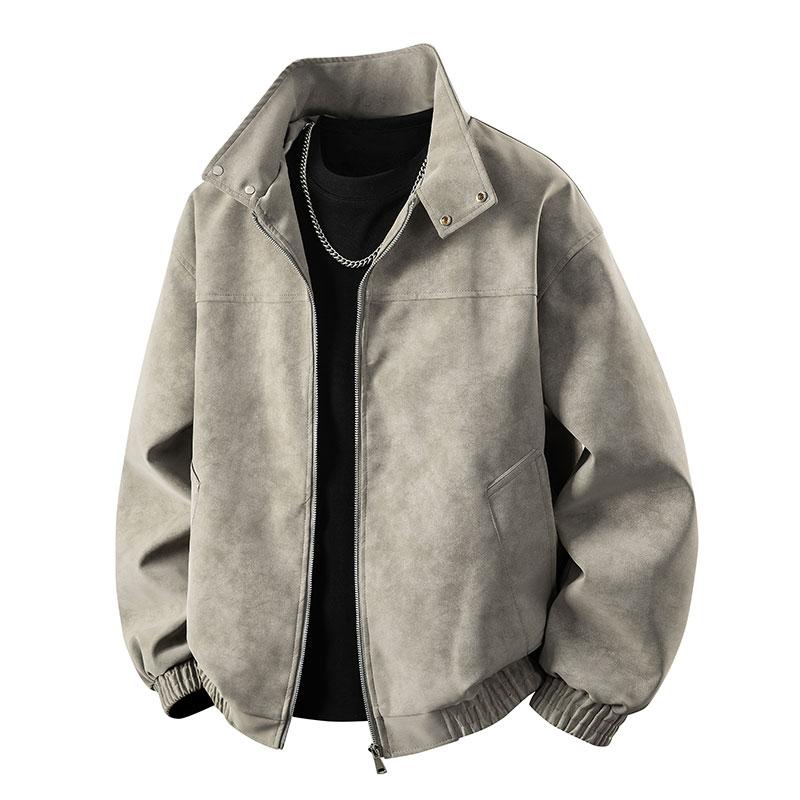 Men's Faux Suede Stand Collar Jacket - Casual Zip-Up Bomber Top