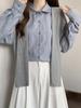 Women's Blue Striped Two-Piece Shawl Long-Sleeve Shirt - 2025 Autumn Loose Fit Korean Style