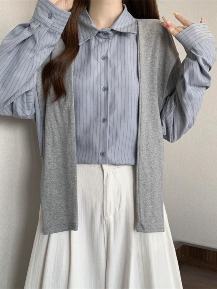 Women's Blue Striped Two-Piece Shawl Long-Sleeve Shirt - 2025 Autumn Loose Fit Korean Style