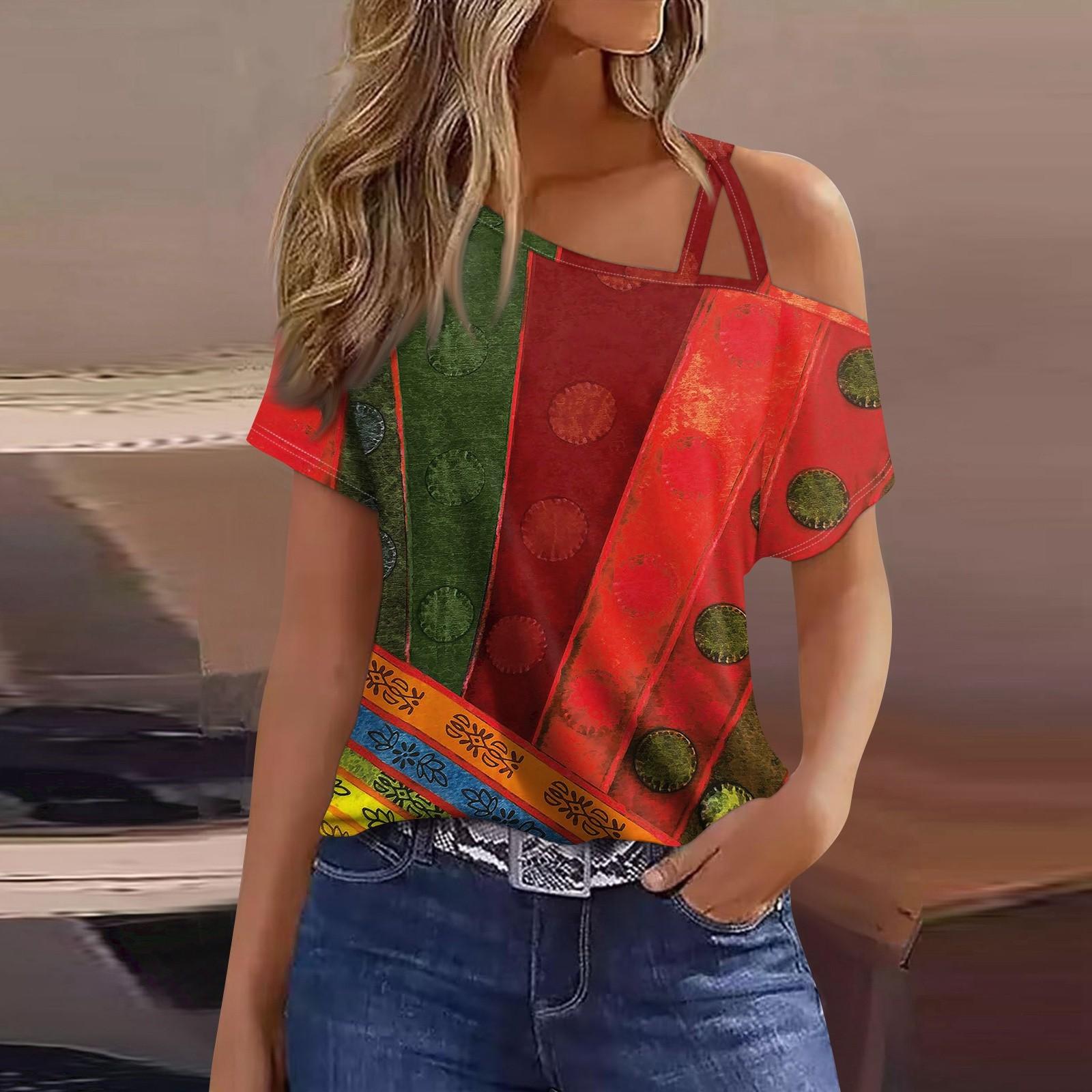 

Женская модная повседневная футболка с принтом, сексуальная футболка с короткими рукавами и открытыми плечами, топ XXL киноварь