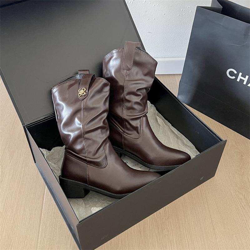 Black retro v-mouth thick heel short boots women's summer 2025 new thin but knee western cowboy knight boots