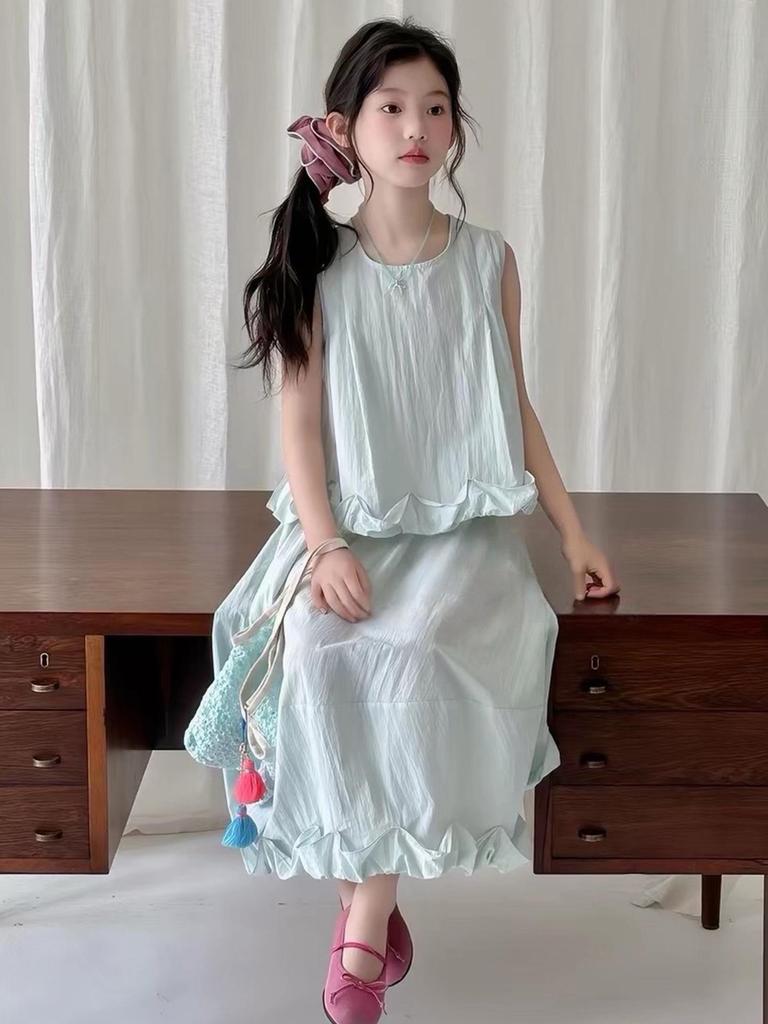 Girls' Summer Fresh Style 2026: Sleeveless Ruffle Top & Bud Skirt Two-Piece Set for Kids