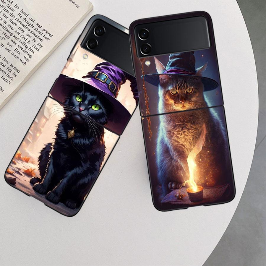 Halloween Magic Cat Phone Case For Samsung Z Flip 7 6 5G Galaxy Z Flip 5 4 3 Black Hard Cell Cover Luxury PC Shell Coque