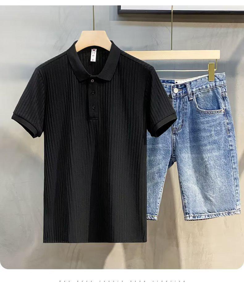 

Японская мужская модная повседневная трикотажная рубашка-поло в полоску - легкая и простая летняя посадка XXXL чёрный