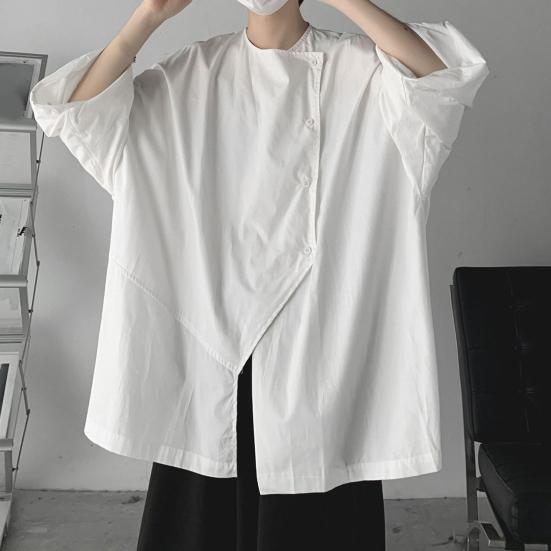 Men Summer T-shirt Hip Hop Solid Color Three Quarter Sleeve Irregular Design Oversized Keep Cool Round Neck Pullover Fall Spring Top Men Clothes