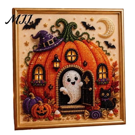 Easy Craft for Beginners Halloween Faux Pearl Painting Kit, DIY Witchcraft Art 3D Handmade Gift Adults Bead Wall Kit Beginners, Holiday Decor Shiny