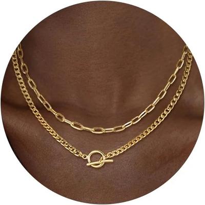 Gold Layered Necklace for Women K Gold Plated Necklace Women Cuban Link Paperclip Chain Toggle Clasp Necklace Zircon for Women