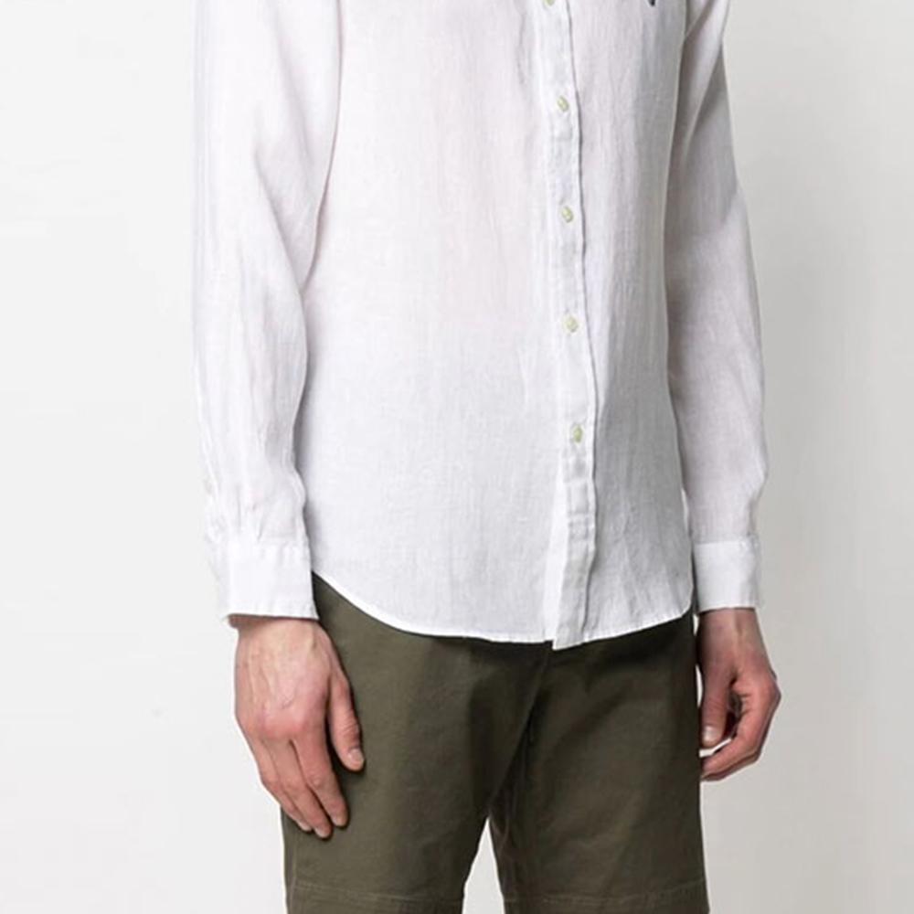Polo Ralph Lauren FW21 Logo Embroidered Solid Color Linen Collarless Long Sleeve Shirt Men shirts White 710801500-001