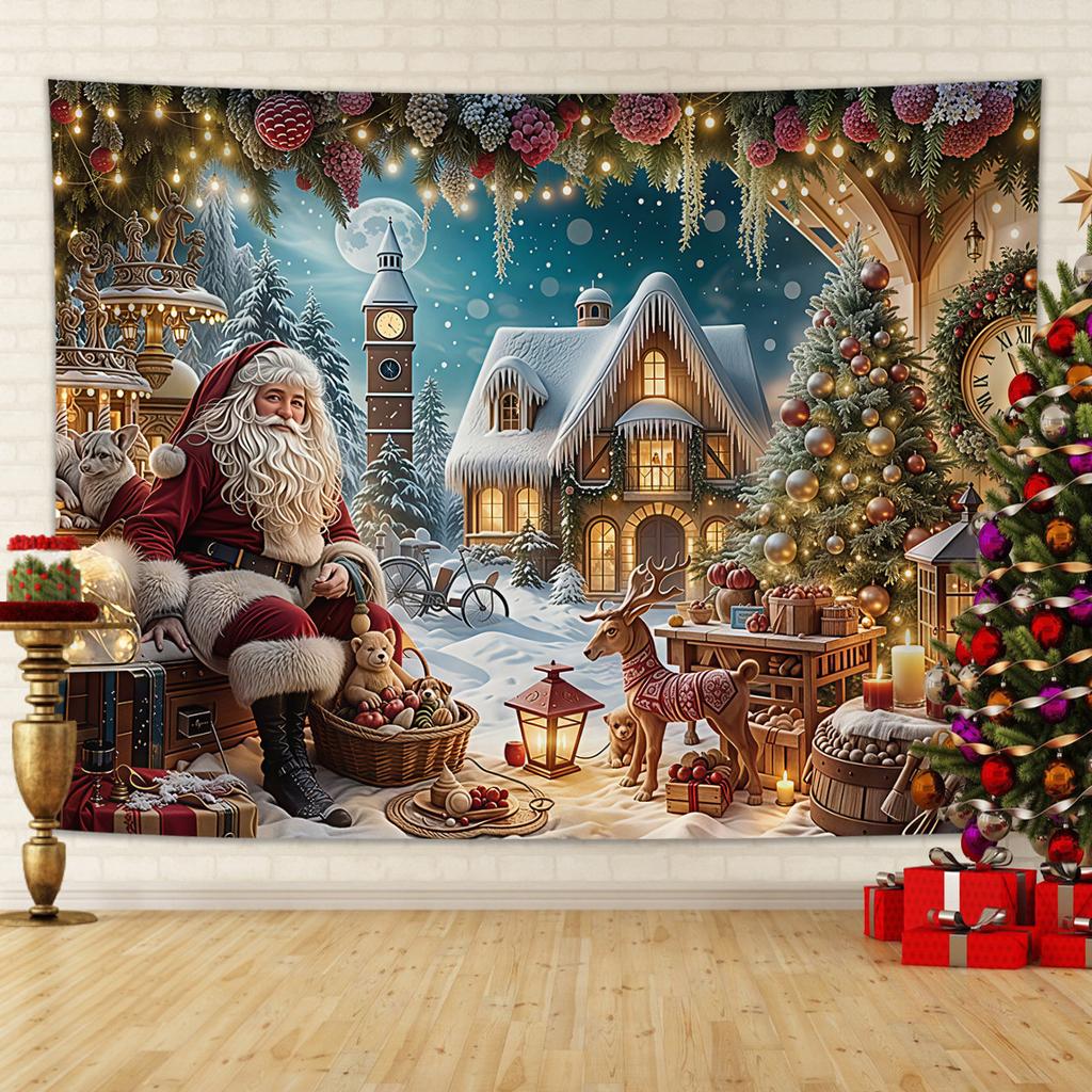 Christmas Tapestry Fairy Lights Christmas Tree Snowy Window Scene Red Curtains Christmas Event Backdrop Background Cloth