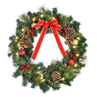 60cm Pre-Lit Artificial Christmas Door Wreath Holly LED Decor Pine Cones Hanging Glittered Festival Indoor Decoration