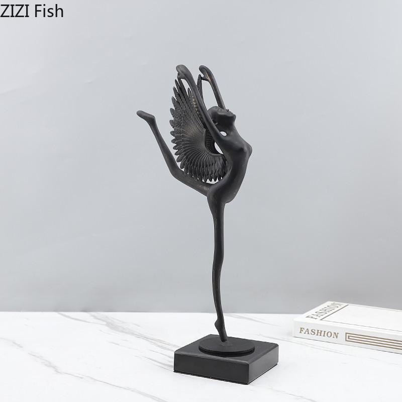 Ballet Angel Black Figures Sculpture Marble Base Desk Decoration Abstract Dancer Character Metal Statue Room Aesthetic Decor