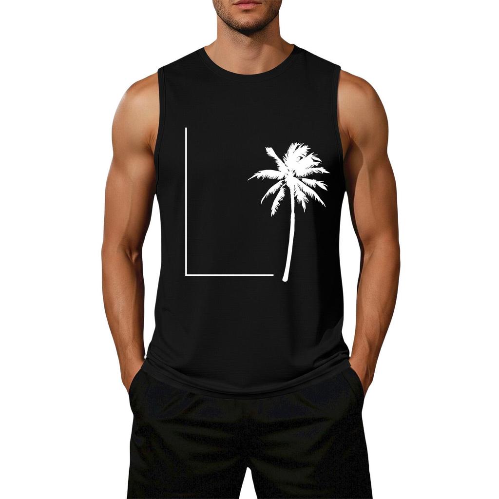 Men's Loose Fit Casual Sleeveless Tank Top Palm Tree Graphic Print Summer Muscle Shirt Lightweight Breathable
