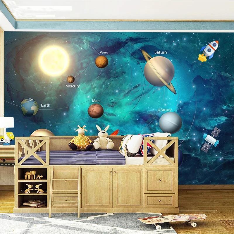 Weltraum Universum 3D Tapete Kinderzimmer Schlafzimmer Sternenhimmel Planet Tapete 3D Stereo Cartoon Wandbild 3D Fresko