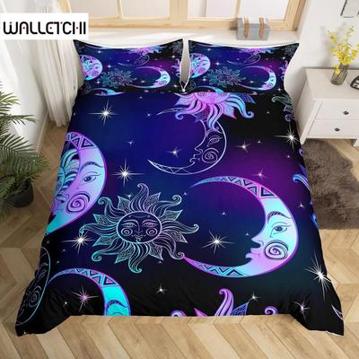 Ensemble de housse de couette Soleil et Lune Taille King Size Violet Lilas Capteur de rêves Étoile Ensemble de literie pour enfants Enfants 2/3 pièces Housse de couette Bohème