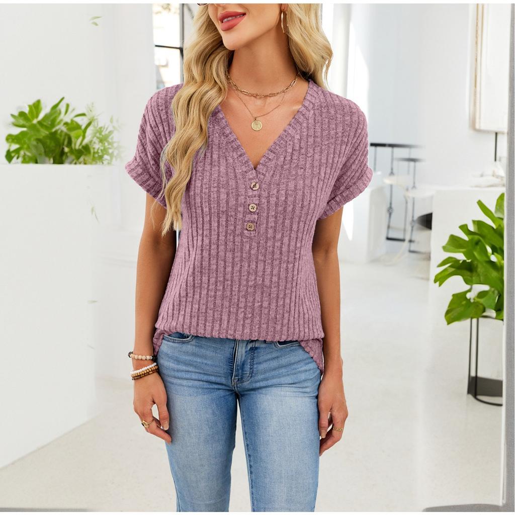 Summer Spring Women's Solid Color V-neck Button Short Sleeve Casual Knit T-shirt