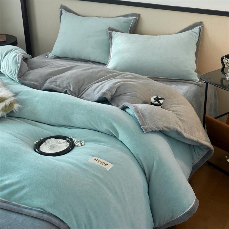 Thickened Milk Fleece Four-Piece Set, Button Coral Fleece Quilt Cover, Bed Three-Piece Set, Fleece Sheet Quilt Cover