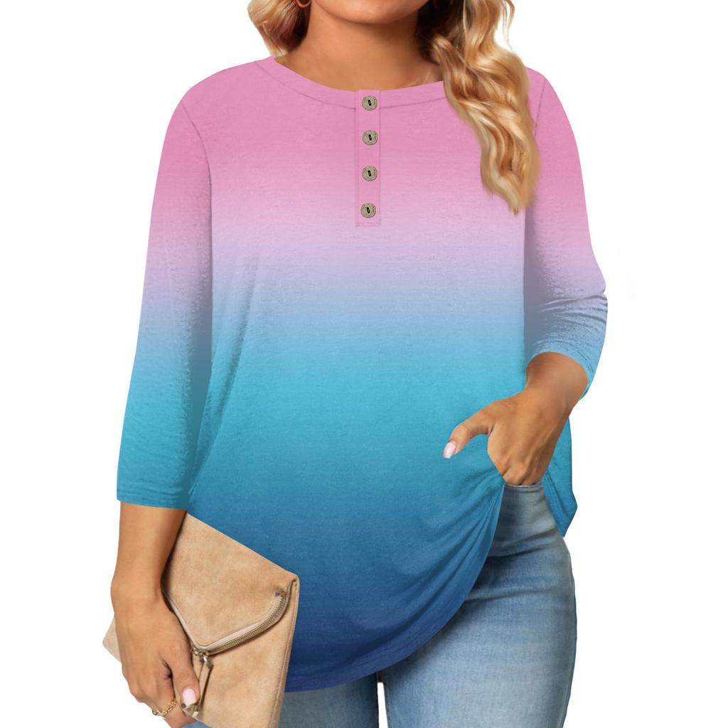 Women's Large Size Print 3/4 Sleeve Button Collar Top T-Shirt Bottoming Shirt