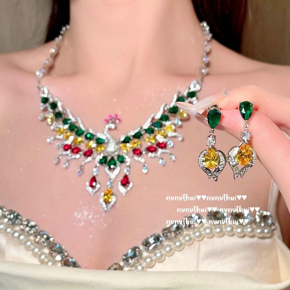 Schmuck, Hof Bunte Phönixfarbene Fransen Edelstein Halskette, Bankett Haute Couture Flügel Wassertropfen Ohrringe Set