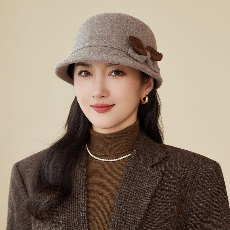 Autumn and Winter Basin Hat Retro Hepburn Style Bow Bucket Hat Ladies Elegant Woolen Fashion Basin Hat
