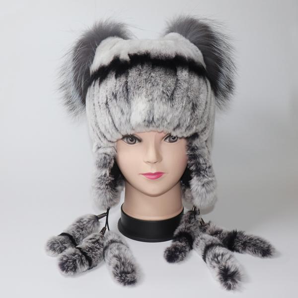 

Зимняя меховая шапка для женщин, шапка с ушками из натурального меха кролика рекс, русские женские шапки-бомберы, шапки-ловушки, шапка из лисьего меха Good elasticity 52cm-60cm серый/чёрный