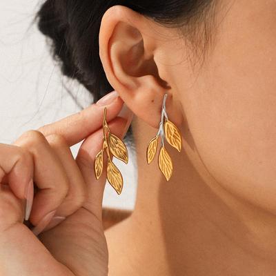 Elegant European & American Leaf 18K Gold Titanium Steel Earrings: Waterproof & Colorfast Luxury Design