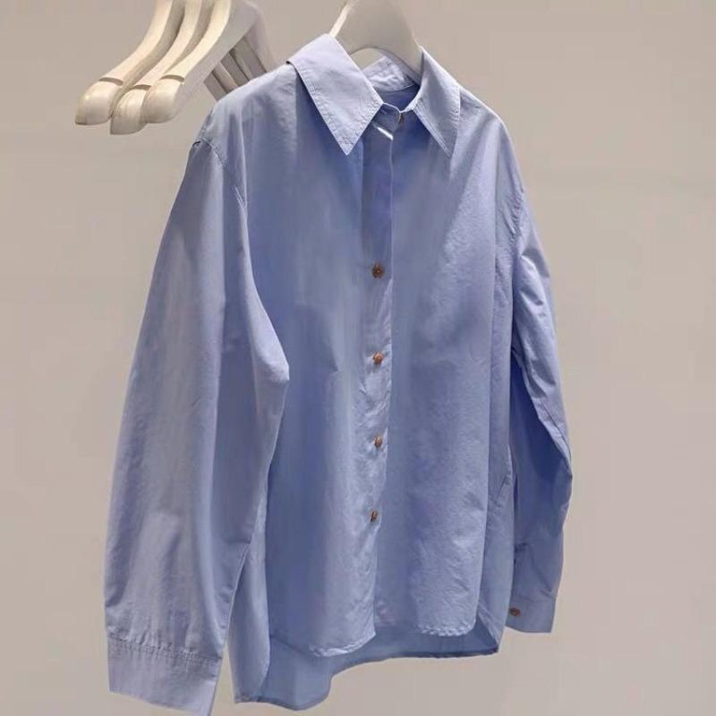

Solid Color Women s Shirt French Style Flip Collar Single Breasted Famale Long Sleeved Blouse Loose Fashionable Ladies Chic Top S синий