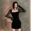 Fashionable Sexy Spicy Girl Mesh Patchwork Long-sleeve Dress, Women's New Winter Slimming Pencil Short Skirt