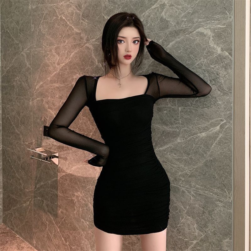 Fashionable Sexy Spicy Girl Mesh Patchwork Long-sleeve Dress, Women's New Winter Slimming Pencil Short Skirt