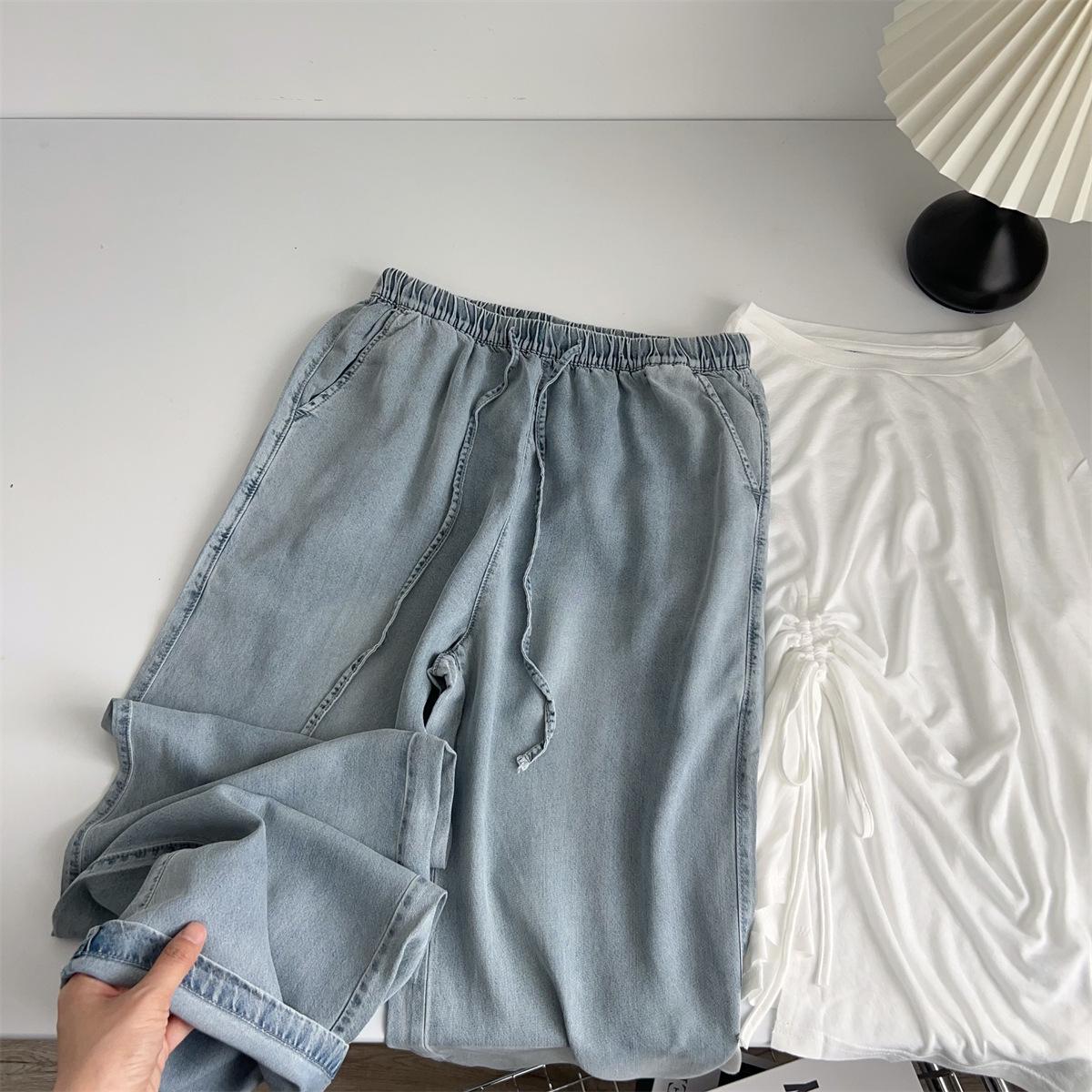 

Женские дышащие брюки из лиоцелла с высокой посадкой и широкими штанинами - Летние повседневные, Прямые, Тонкая ткань S светло-синий