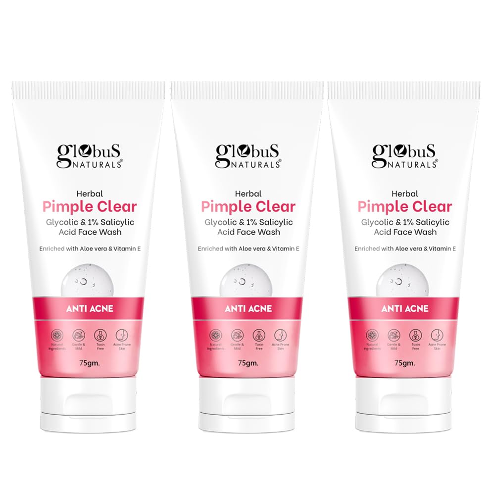 

Globus Naturals Herbal Pimple Clear Glycolic & 1% Salicylic Acid Face Wash, Enriched With Orange & Almond, For Oily & Acne Prone Skin, 75 gm (Pac