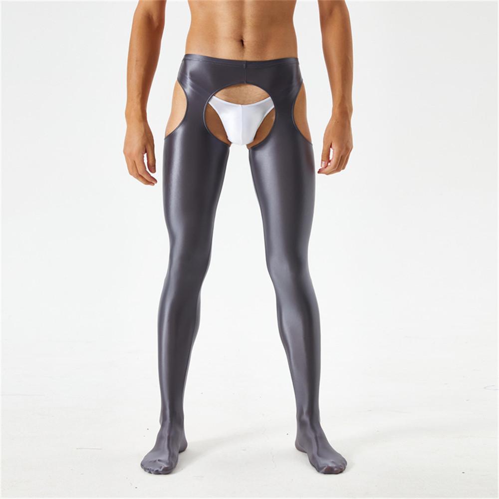 Sexy Men Candy Color Shiny Pencil Pants Sheer See Through Sexy Tight Smooth Elastic Fitness Hollow Out Gym Pants Open Crotch