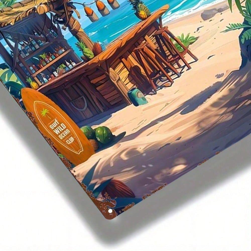 1 Stück 2D Flaches Metallschild Tropischer Surf Strandbar Wandkunst Vintage Ozean Thema Haus Garten Hütte Badezimmer Dekor 8x12 Zoll Raum