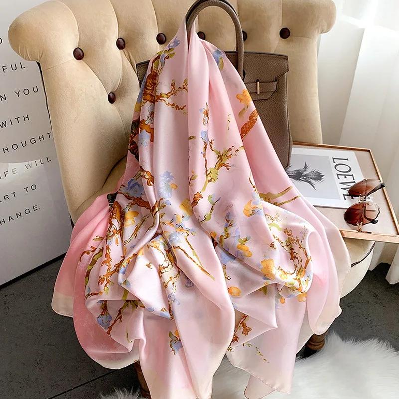 New Spring Scarf Women'S Luxury Design Scarf Silk Smooth Scarf Soft Muslim Headband Shawl Beach 85X180Cm