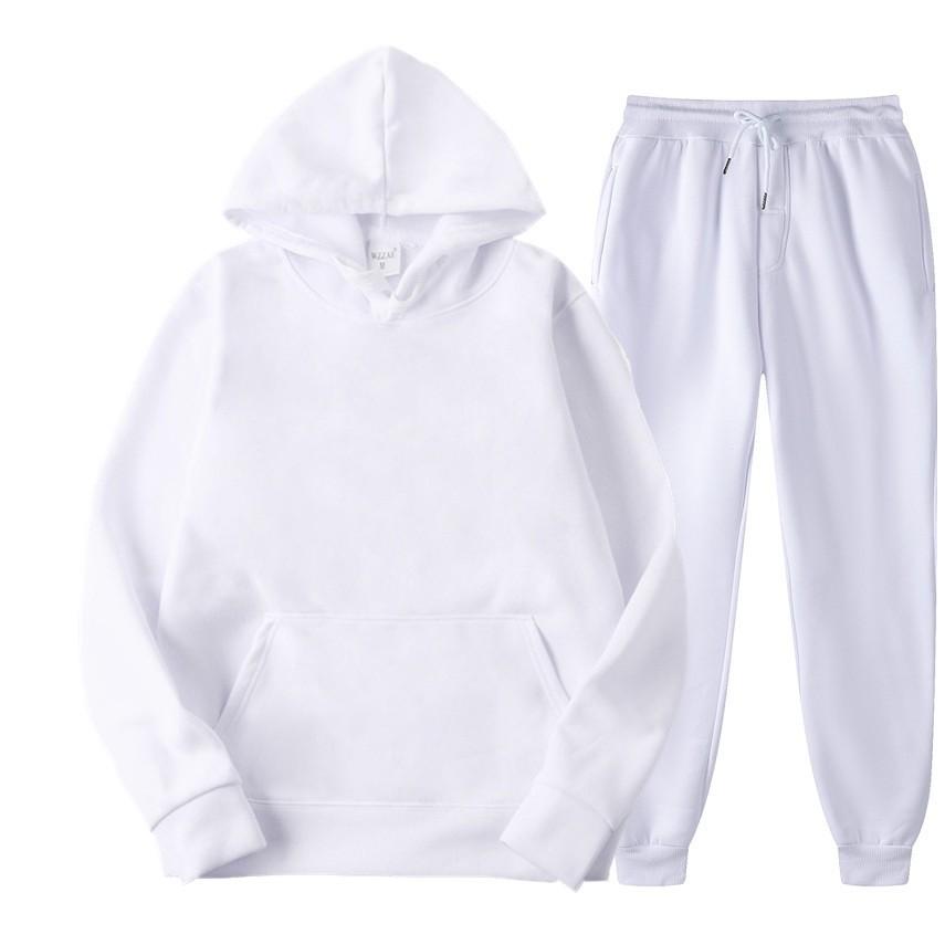 Men s Spring and Autumn Solid Color Suit Hooded Sweater Suit Trend Casual Sports Two-piece Suit S белый