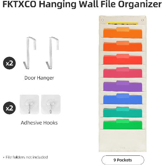Hanging Wall File Organizer, Hanging File Folder Holder, Storage Center Pocket Chart for Paper Document, Pocket Chart for Office and Classroom, with