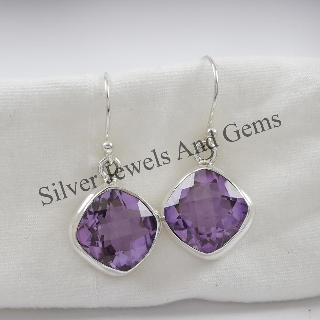 Handmade Sterling Silver Amethyst Earrings, Square Checker Cut, February Birthstone